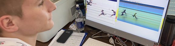 Photo finish official looking at an image