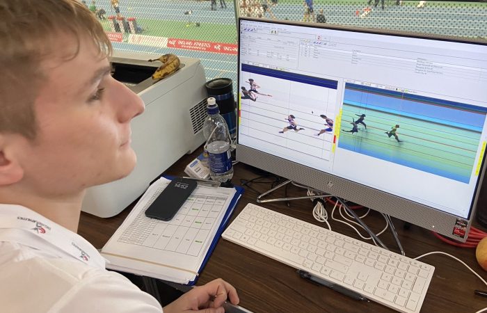 Photo finish official looking at an image